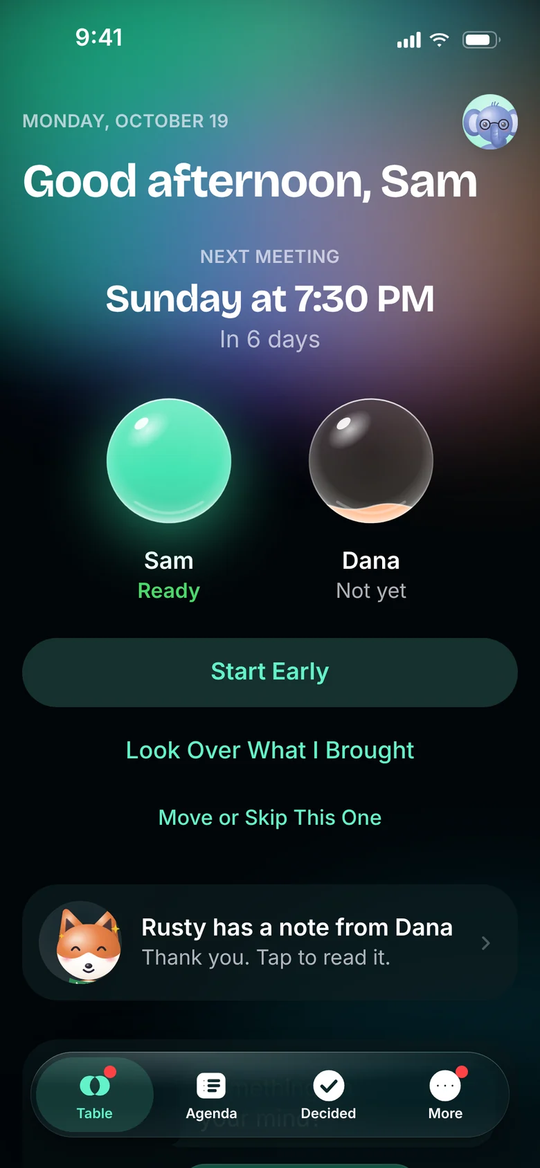 Kitchen Table home screen in the Aurora theme: “Good afternoon, Sam,” the next meeting on Sunday at 7:30 PM, and two lights showing Sam ready and Dana not yet.