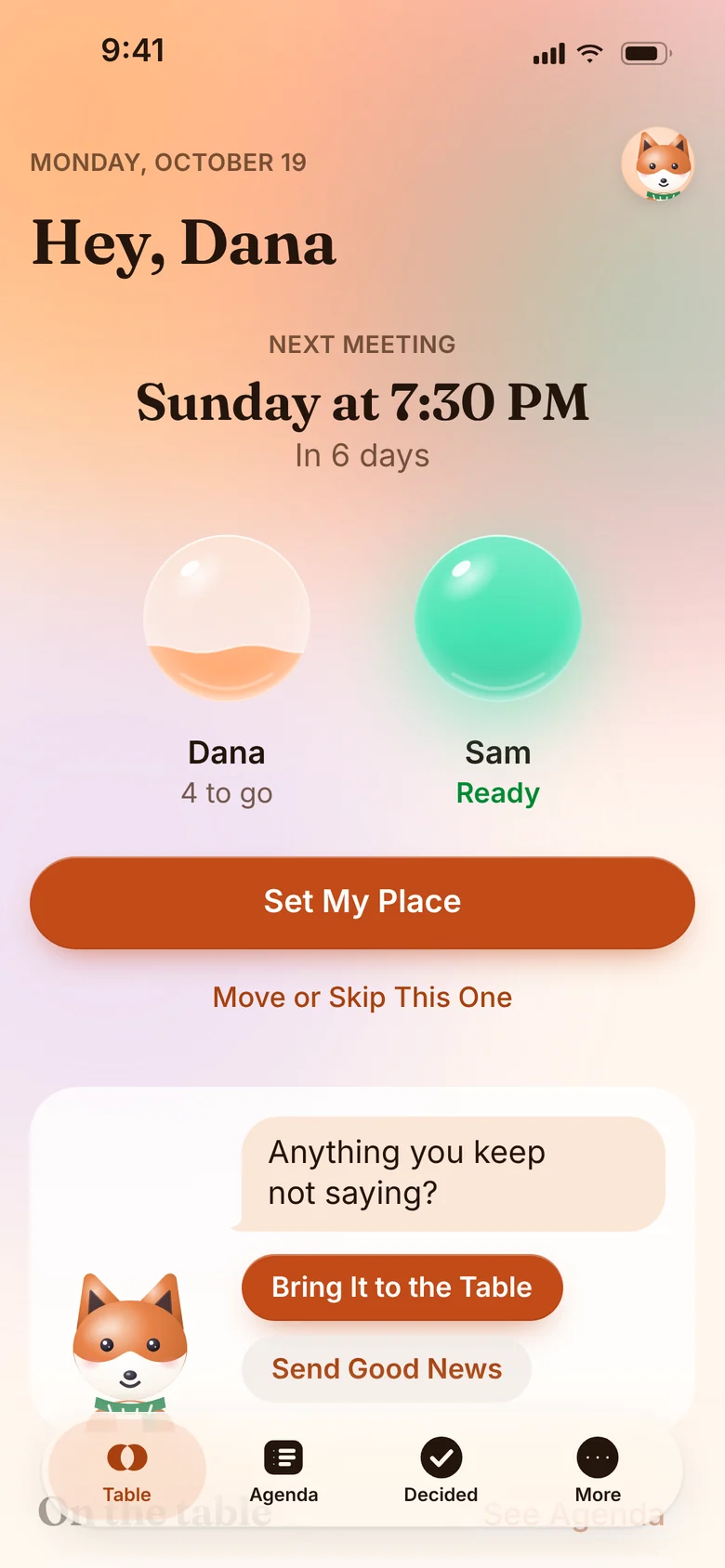 Dana’s home screen in the Golden Hour theme: “Hey, Dana,” the next meeting, and the two lights.
